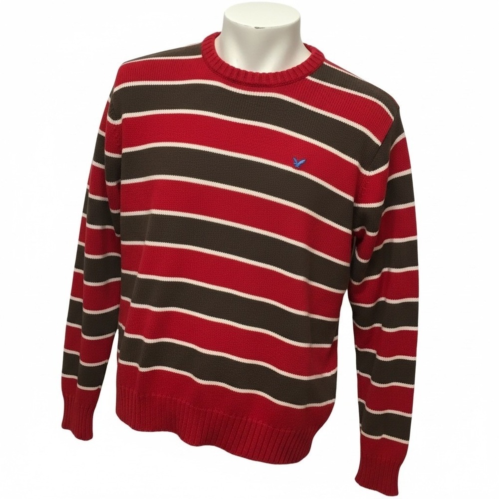 American‎ Eagle Mens Striped Crewneck Sweater Red Brown Wool Blend XL